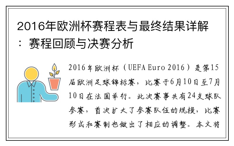 2016年欧洲杯赛程表与最终结果详解：赛程回顾与决赛分析