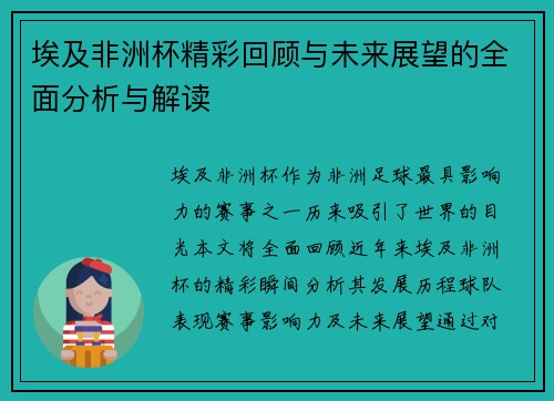 埃及非洲杯精彩回顾与未来展望的全面分析与解读