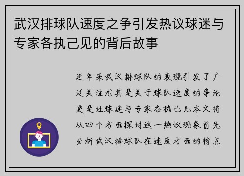 武汉排球队速度之争引发热议球迷与专家各执己见的背后故事